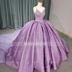 Misshow Purple Tulle Princess Ball Gown V-Neck Spaghetti Straps with 3D Floral Lace & Sweep Train for Quinceanera or Sweet 16