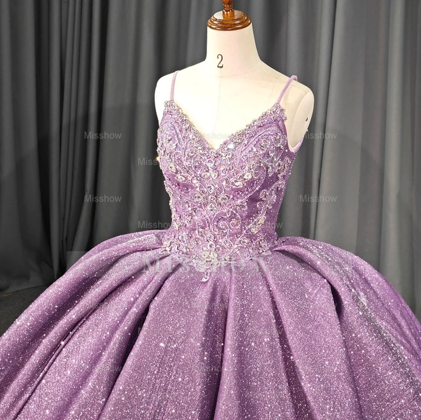 Misshow Purple Tulle Princess Ball Gown V-Neck Spaghetti Straps with 3D Floral Lace & Sweep Train for Quinceanera or Sweet 16