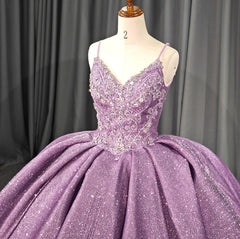 Misshow Purple Tulle Princess Ball Gown V-Neck Spaghetti Straps with 3D Floral Lace & Sweep Train for Quinceanera or Sweet 16