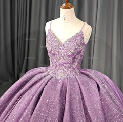 Misshow Purple Tulle Princess Ball Gown V-Neck Spaghetti Straps with 3D Floral Lace & Sweep Train for Quinceanera or Sweet 16