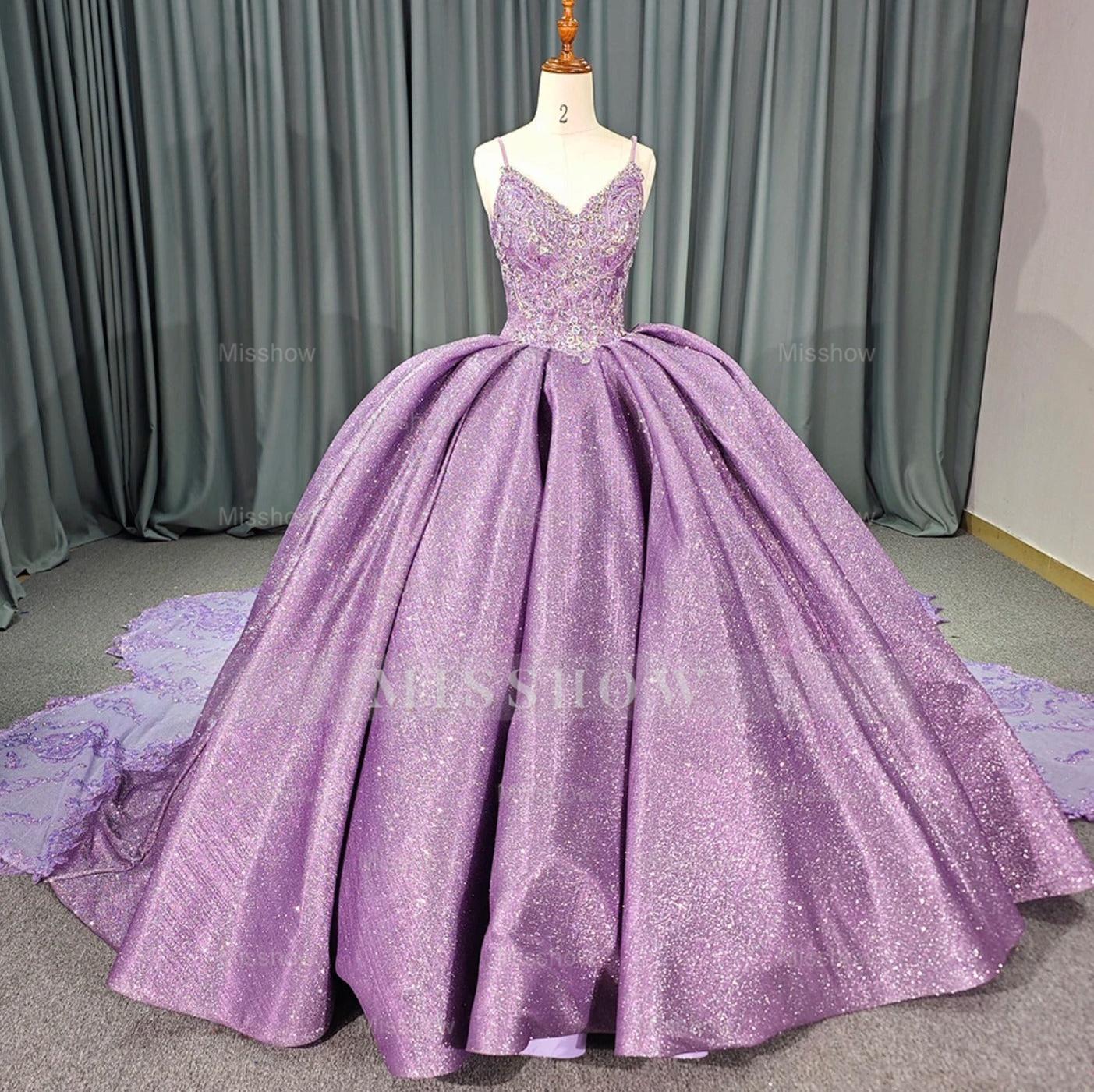 Misshow Purple Tulle Princess Ball Gown V-Neck Spaghetti Straps with 3D Floral Lace & Sweep Train for Quinceanera or Sweet 16