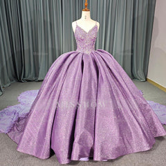 Misshow Purple Tulle Princess Ball Gown V-Neck Spaghetti Straps with 3D Floral Lace & Sweep Train for Quinceanera or Sweet 16