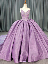 Misshow Purple Tulle Princess Ball Gown V-Neck Spaghetti Straps with 3D Floral Lace & Sweep Train for Quinceanera or Sweet 16
