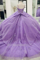 Misshow Purple Tulle Quinceanera Dress Strapless Ball Gown with 3D Beaded Flowers & Pleated Bow Details for Sweet 16 Evening and Formal Events