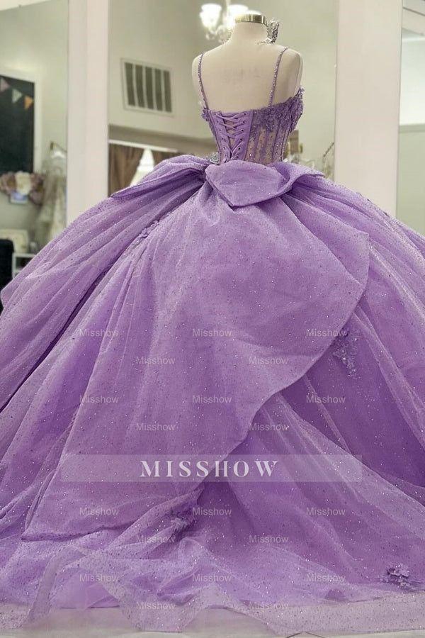 Misshow Purple Tulle Quinceanera Dress Strapless Ball Gown with 3D Beaded Flowers & Pleated Bow Details for Sweet 16 Evening and Formal Events