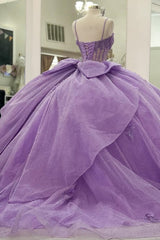 Misshow Purple Tulle Quinceanera Dress Strapless Ball Gown with 3D Beaded Flowers & Pleated Bow Details for Sweet 16 Evening and Formal Events