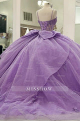 Misshow Purple Tulle Quinceanera Dress Strapless Ball Gown with 3D Beaded Flowers & Pleated Bow Details for Sweet 16 Evening and Formal Events