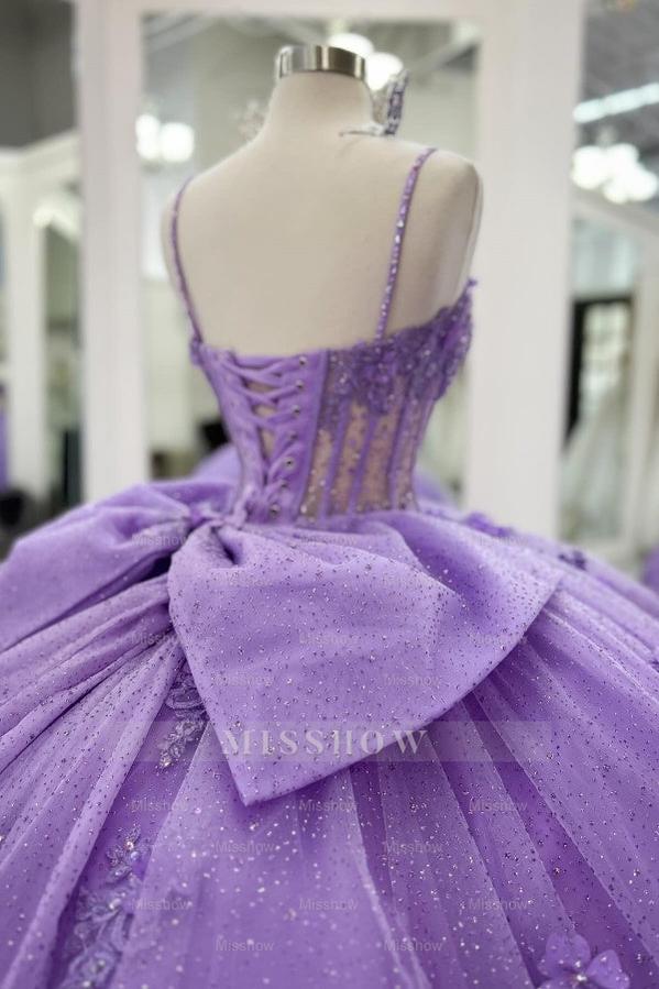 Misshow Purple Tulle Quinceanera Dress Strapless Ball Gown with 3D Beaded Flowers & Pleated Bow Details for Sweet 16 Evening and Formal Events
