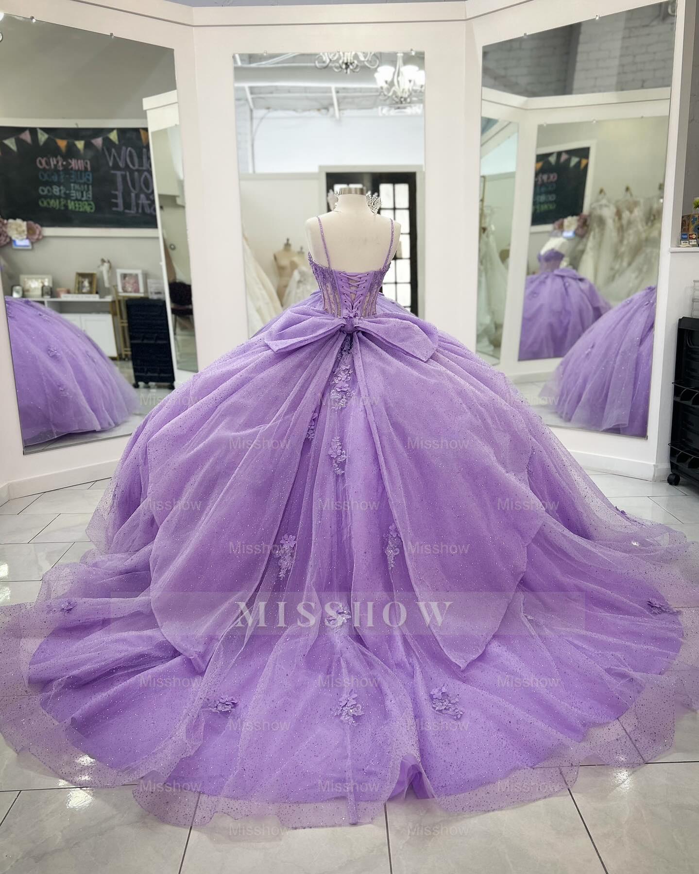 Misshow Purple Tulle Quinceanera Dress Strapless Ball Gown with 3D Beaded Flowers & Pleated Bow Details for Sweet 16 Evening and Formal Events