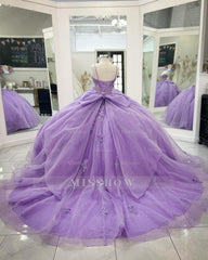 Misshow Purple Tulle Quinceanera Dress Strapless Ball Gown with 3D Beaded Flowers & Pleated Bow Details for Sweet 16 Evening and Formal Events