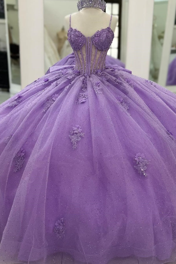 Misshow Purple Tulle Quinceanera Dress Strapless Ball Gown with 3D Beaded Flowers & Pleated Bow Details for Sweet 16 Evening and Formal Events