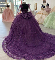 Misshow Purple Tulle Quinceanera Dress Strapless Ball Gown with 3D Butterfly Appliques & Bow Knot for Sweet 16 & Princess Parties