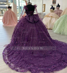 Misshow Purple Tulle Quinceanera Dress Strapless Ball Gown with 3D Butterfly Appliques & Bow Knot for Sweet 16 & Princess Parties