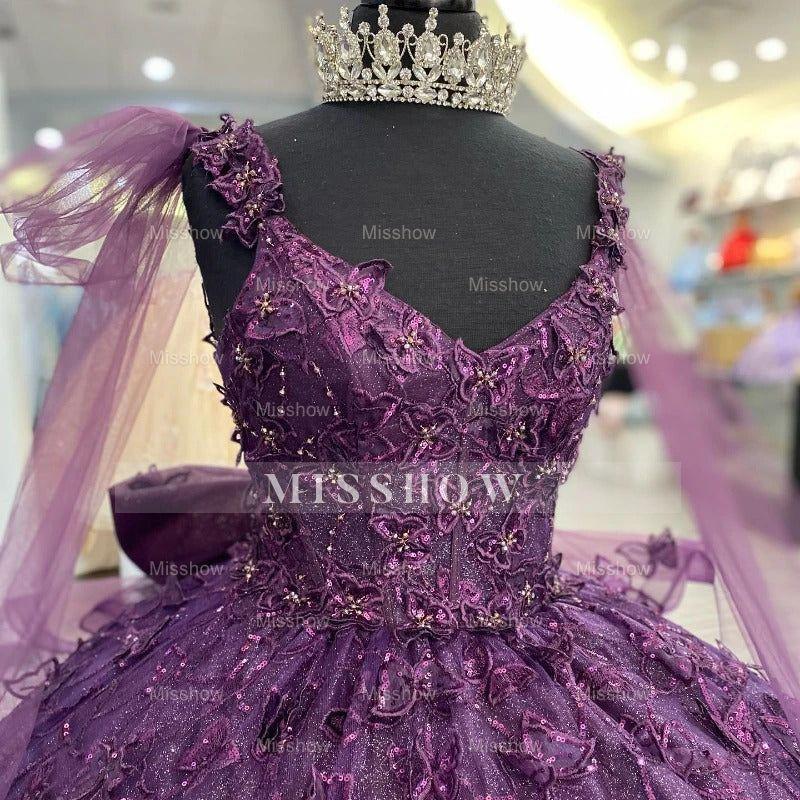 Misshow Purple Tulle Quinceanera Dress Strapless Ball Gown with 3D Butterfly Appliques & Bow Knot for Sweet 16 & Princess Parties