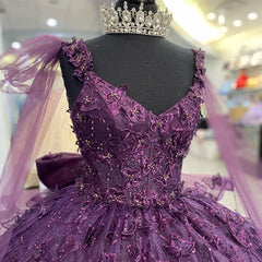 Misshow Purple Tulle Quinceanera Dress Strapless Ball Gown with 3D Butterfly Appliques & Bow Knot for Sweet 16 & Princess Parties