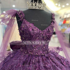 Misshow Purple Tulle Quinceanera Dress Strapless Ball Gown with 3D Butterfly Appliques & Bow Knot for Sweet 16 & Princess Parties