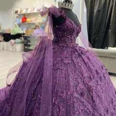 Misshow Purple Tulle Quinceanera Dress Strapless Ball Gown with 3D Butterfly Appliques & Bow Knot for Sweet 16 & Princess Parties