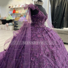 Misshow Purple Tulle Quinceanera Dress Strapless Ball Gown with 3D Butterfly Appliques & Bow Knot for Sweet 16 & Princess Parties