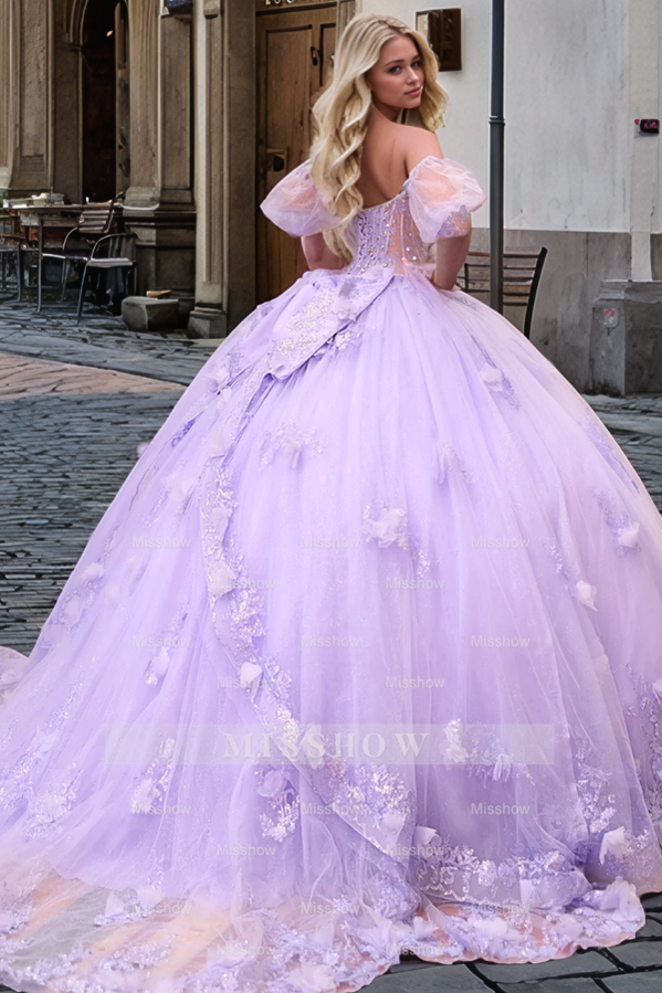 Misshow Purple Tulle Quinceanera Dress Sweetheart Neckline with Detachable Sleeves Beaded Crystal & 3D Floral Appliques for Sweet 16 & Birthday Parties
