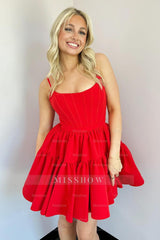 Misshow Red A Line Spaghetti Straps Short Satin Homecoming Dress/Mini Dress