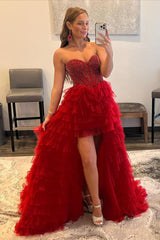 Misshow Red Beaded A-Line Tiered High Low Prom Homecoming Dress/Mini Dress