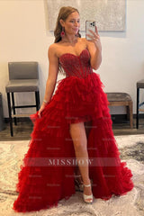 Misshow Red Beaded A-Line Tiered High Low Prom Homecoming Dress/Mini Dress