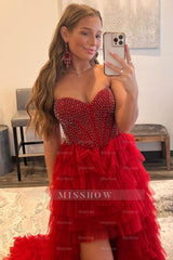 Misshow Red Beaded A-Line Tiered High Low Prom Homecoming Dress/Mini Dress