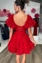Misshow Red Corset A-Line Short Homecoming Dress/Mini Dress with Sleeves