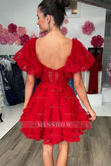 Misshow Red Corset A-Line Short Homecoming Dress/Mini Dress with Sleeves