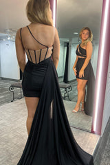 Misshow Red Corset One Shoulder Tight Short Satin Homecoming Dress/Mini Dress with Ruffle