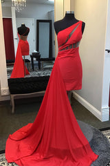 Misshow Red Corset One Shoulder Tight Short Satin Homecoming Dress/Mini Dress with Ruffle