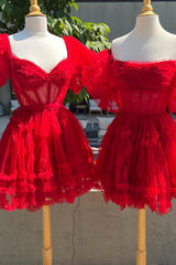 Misshow Red Corset Strapless A-Line Short Tulle Homecoming Dress/Mini Dress with Detachable Sleeves