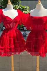 Misshow Red Corset Strapless A-Line Short Tulle Homecoming Dress/Mini Dress with Detachable Sleeves