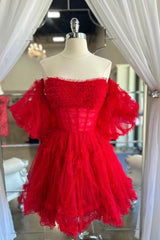 Misshow Red Corset Strapless A-Line Short Tulle Homecoming Dress/Mini Dress with Detachable Sleeves