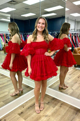 Misshow Red Corset Strapless A-Line Short Tulle Homecoming Dress/Mini Dress with Detachable Sleeves