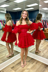 Misshow Red Corset Strapless A-Line Short Tulle Homecoming Dress/Mini Dress with Detachable Sleeves