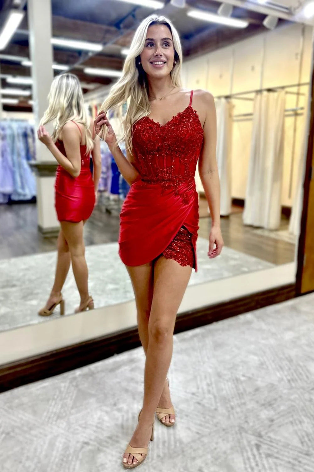 Misshow Red Corset Tight Short Corset Homecoming Dress/Mini Dress with Lace