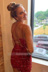 Misshow Red Criss-Cross Straps Sequins Tight Short Hoco Dress