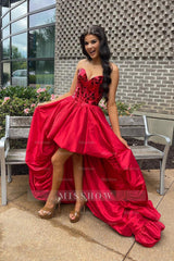 Misshow Red Mirror Strapless Corset High Low Homecoming Dress/Mini Dress