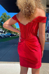 Misshow Red Off the Shoulder Tight Short Homecoming Dress/Mini Dress with Lace