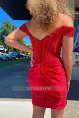 Misshow Red Off the Shoulder Tight Short Homecoming Dress/Mini Dress with Lace