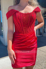 Misshow Red Off the Shoulder Tight Short Homecoming Dress/Mini Dress with Lace
