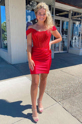 Misshow Red Off the Shoulder Tight Short Homecoming Dress/Mini Dress with Lace