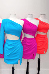 Misshow Red One Shoulder Bodycon Short Homecoming Dress/Mini Dress With Slit