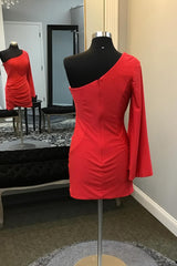 Misshow Red One Shoulder Long Sleeves Tight Short Homecoming Dress/Mini Dress