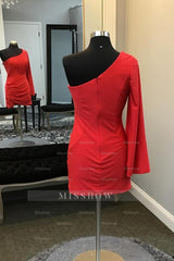 Misshow Red One Shoulder Long Sleeves Tight Short Homecoming Dress/Mini Dress