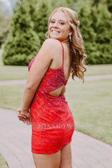 Misshow Red Open Back Sequins Tight Homecoming Dress/Mini Dress