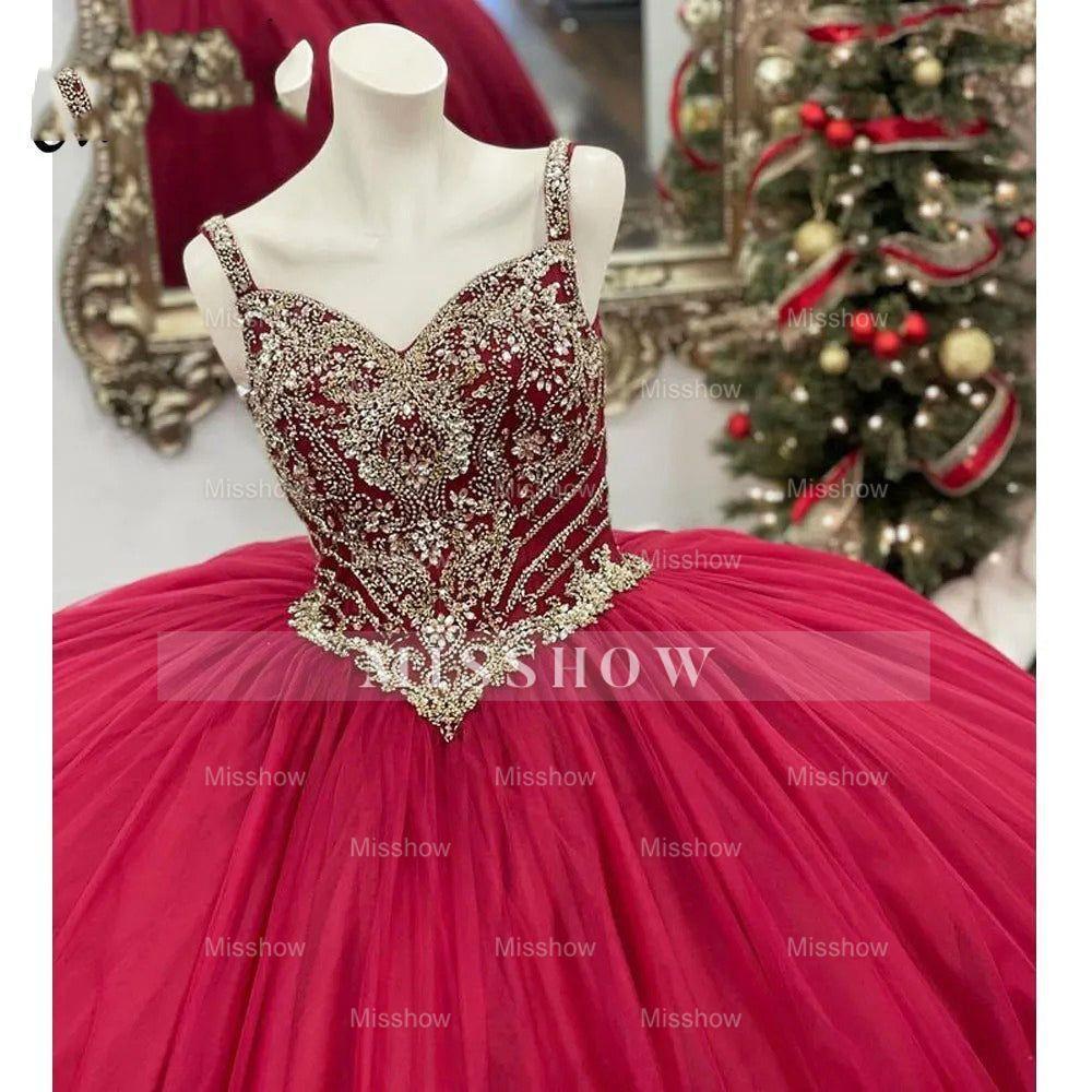 Misshow Red Quinceanera Dress Sweetheart Neckline Floral Lace Appliques & Beaded Tulle Ball Gown for Princess-Themed Parties