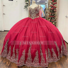 Misshow Red Quinceanera Dress Sweetheart Neckline Floral Lace Appliques & Beaded Tulle Ball Gown for Princess-Themed Parties