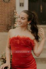Misshow Red Satin Tight Short Homecoming Dress/Mini Dress with Feathers